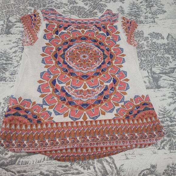 Lucky Brand Blue Coral Cream Cotton/Linen Cap Sleeve Top Size Small EUC - Picture 3 of 5